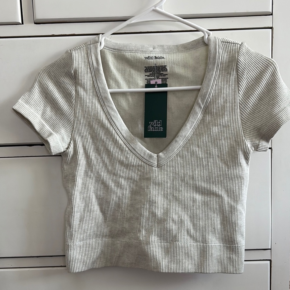 Wild Fable Gray Ribbed V-Neck Top